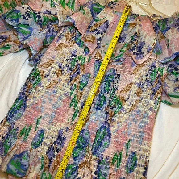 Gracia White, Blue, Print, Ruffled Long Sleeve Blouse, 70% Rayon, 30% Nylon - Picture 8 of 10